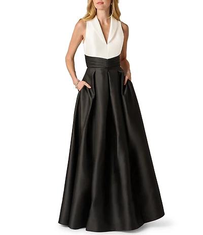 Adrianna Papell Color Block Mikado Collared V-Neck Sleeveless Tuxedo Gown