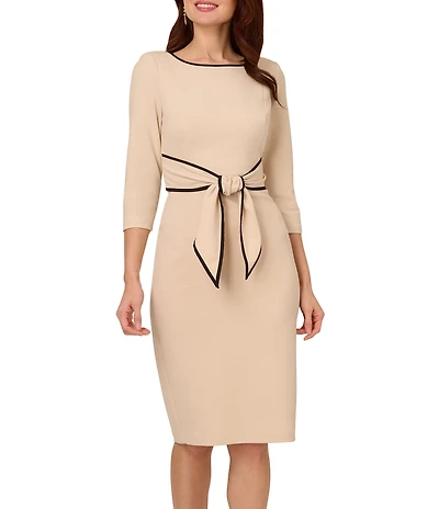 Adrianna Papell Contrasting Trim Boat Neck 3/4 Sleeve Tie Waist Crepe Sheath Dress