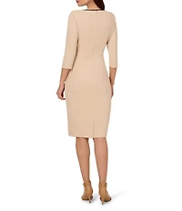 Adrianna Papell Contrasting Trim Boat Neck 3/4 Sleeve Tie Waist Crepe Sheath Dress