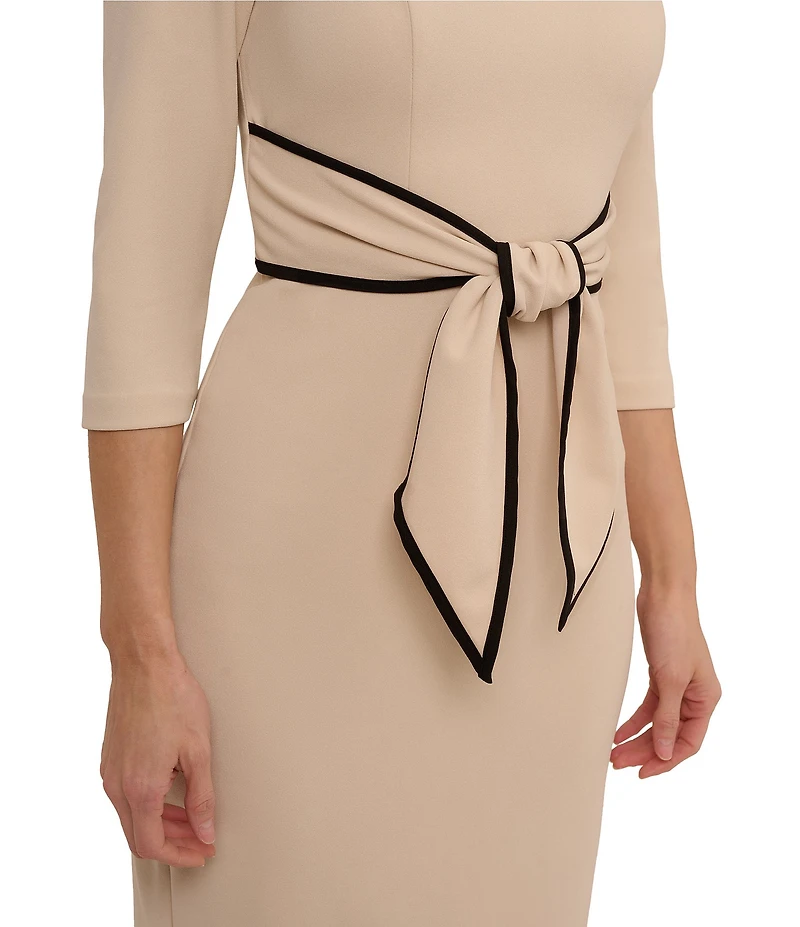 Adrianna Papell Contrasting Trim Boat Neck 3/4 Sleeve Tie Waist Crepe Sheath Dress