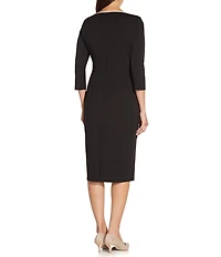 Adrianna Papell Contrasting Trim Boat Neck 3/4 Sleeve Tie Waist Crepe Sheath Dress