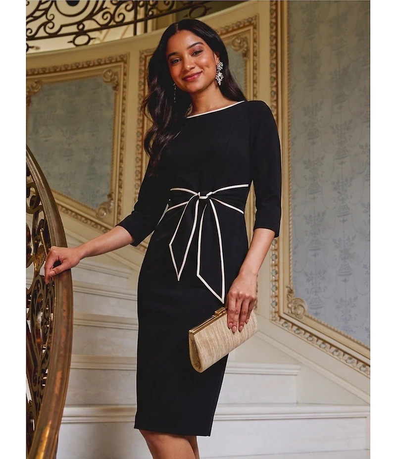 Adrianna Papell Contrasting Trim Boat Neck 3/4 Sleeve Tie Waist Crepe Sheath Dress