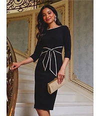 Adrianna Papell Contrasting Trim Boat Neck 3/4 Sleeve Tie Waist Crepe Sheath Dress