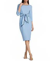 Adrianna Papell Contrasting Trim Boat Neck 3/4 Sleeve Tie Waist Crepe Sheath Dress