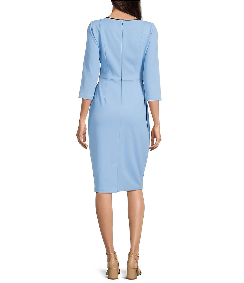 Adrianna Papell Contrasting Trim Boat Neck 3/4 Sleeve Tie Waist Crepe Sheath Dress