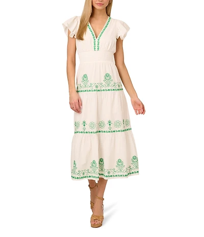 Adrianna by Adrianna Papell Cotton Embroidered V-Neck Short Sleeve A-Line Midi Dress