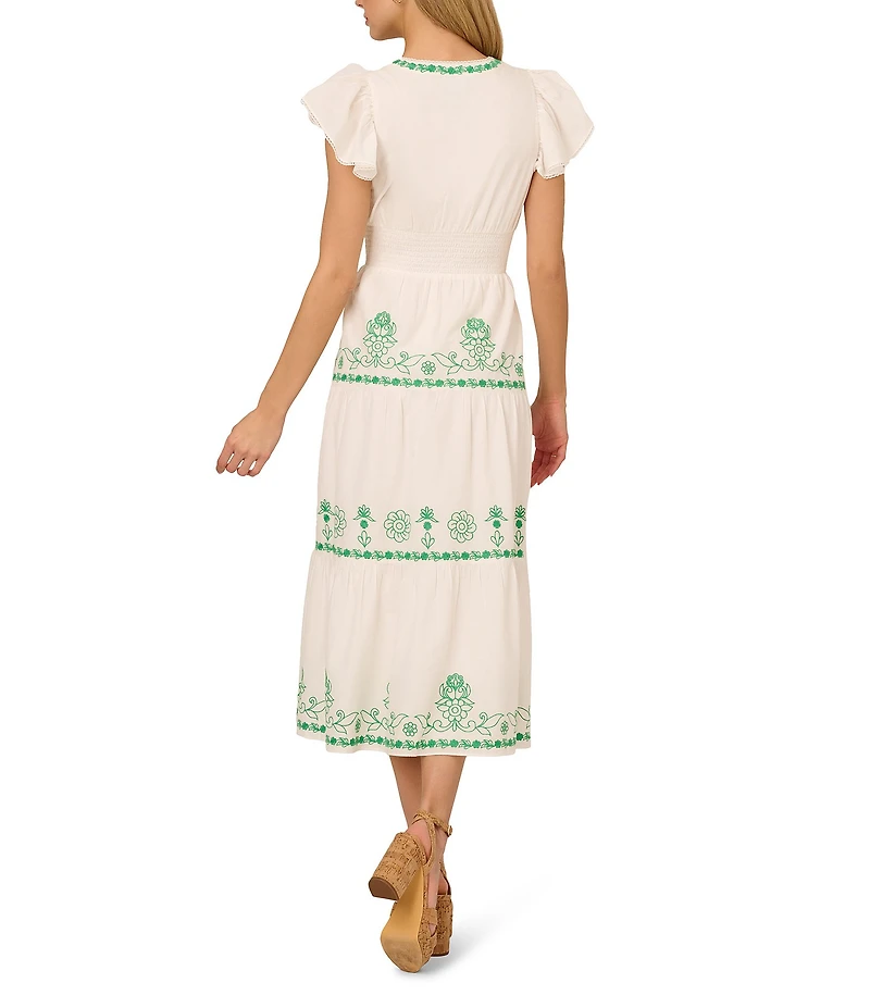 Adrianna by Adrianna Papell Cotton Embroidered V-Neck Short Sleeve A-Line Midi Dress