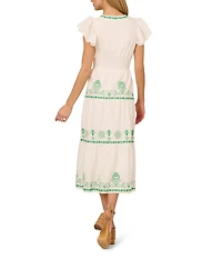 Adrianna by Adrianna Papell Cotton Embroidered V-Neck Short Sleeve A-Line Midi Dress