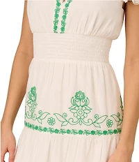 Adrianna by Adrianna Papell Cotton Embroidered V-Neck Short Sleeve A-Line Midi Dress