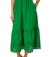Adrianna Papell Cotton V Neck Sleeveless Eyelet Hem Midi Dress