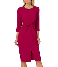 Adrianna Papell Crepe 3/4 Sleeve Twist Front Beaded Boat Neck Shift Dress