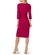 Adrianna Papell Crepe 3/4 Sleeve Twist Front Beaded Boat Neck Shift Dress