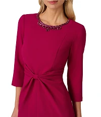 Adrianna Papell Crepe 3/4 Sleeve Twist Front Beaded Boat Neck Shift Dress