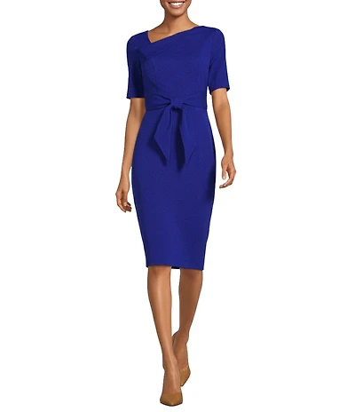Adrianna Papell Crepe Asymmetrical Neck Elbow Sleeve Tie Front Sheath Dress