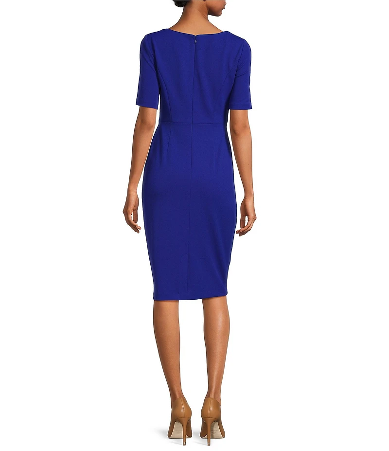 Adrianna Papell Crepe Asymmetrical Neck Elbow Sleeve Tie Front Sheath Dress