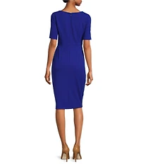 Adrianna Papell Crepe Asymmetrical Neck Elbow Sleeve Tie Front Sheath Dress