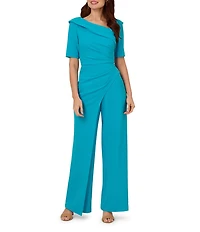 Adrianna Papell Crepe Asymmetrical Neck Short Sleeve Jumpsuit