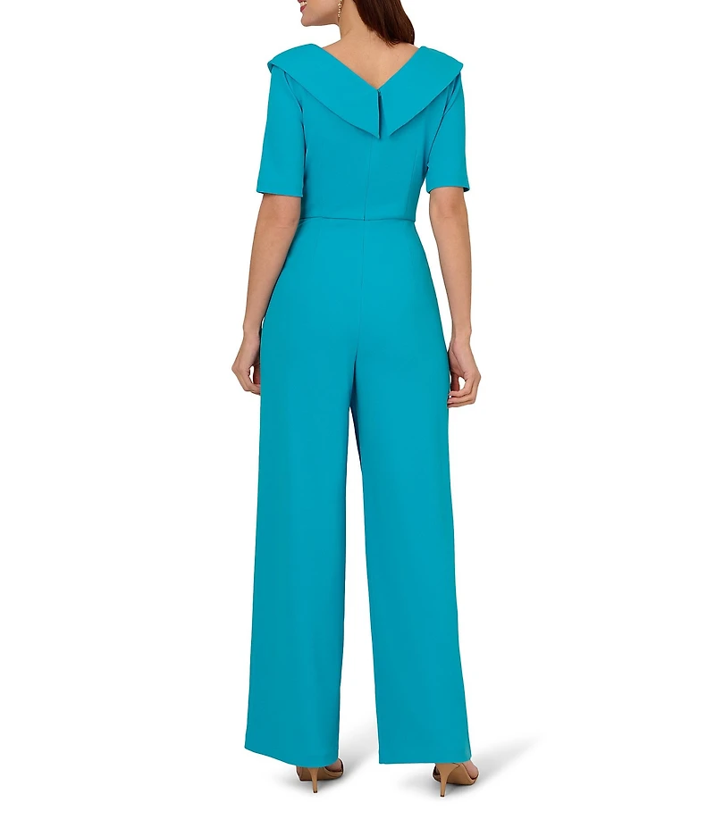 Adrianna Papell Crepe Asymmetrical Neck Short Sleeve Jumpsuit