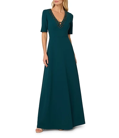 Adrianna Papell Crepe Beaded V-Neck Elbow Sleeve Mermaid Gown