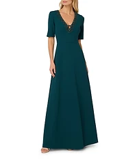 Adrianna Papell Crepe Beaded V-Neck Elbow Sleeve Mermaid Gown