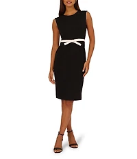 Adrianna Papell Crepe Boat Neck Sleeveless Contrast Bow Trim Sheath Knee Length Dress