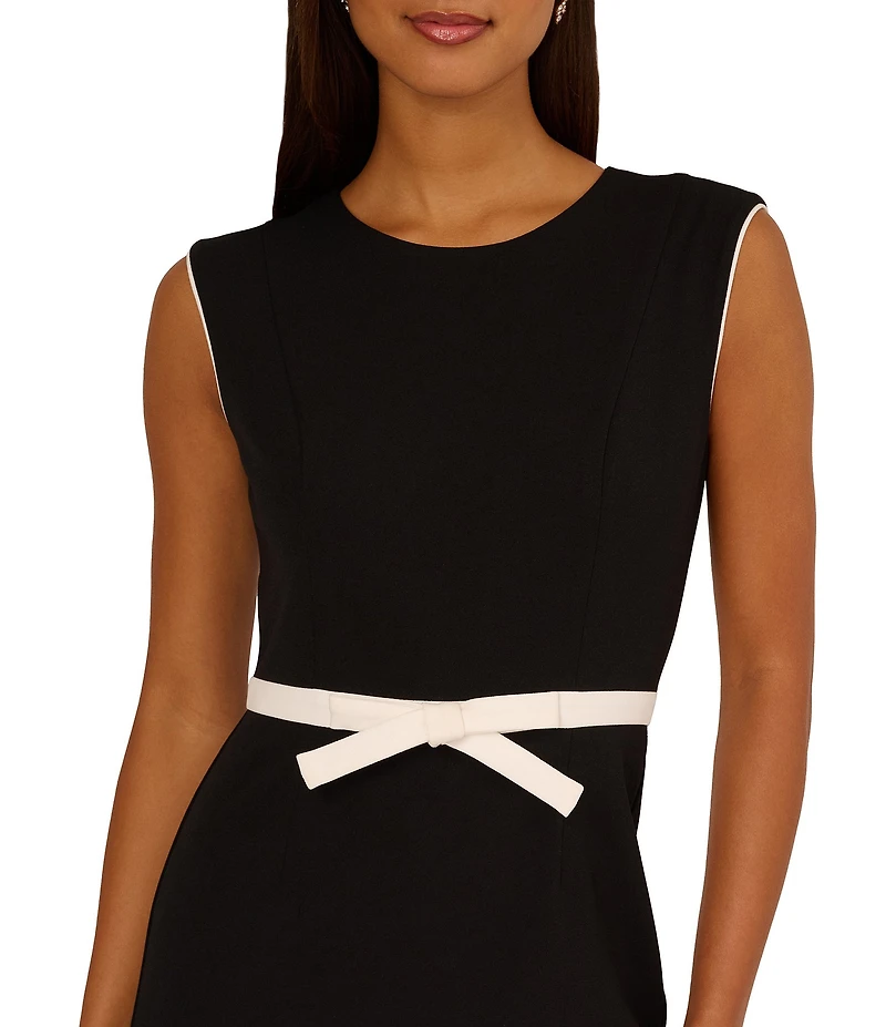 Adrianna Papell Crepe Boat Neck Sleeveless Contrast Bow Trim Sheath Knee Length Dress