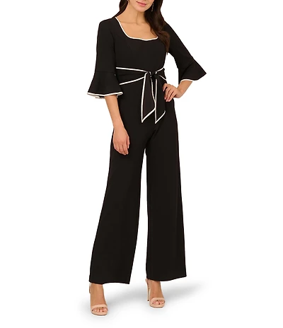 Adrianna Papell Crepe Contrast Piping 3/4 Ruffle Sleeve Square Neck Jumpsuit