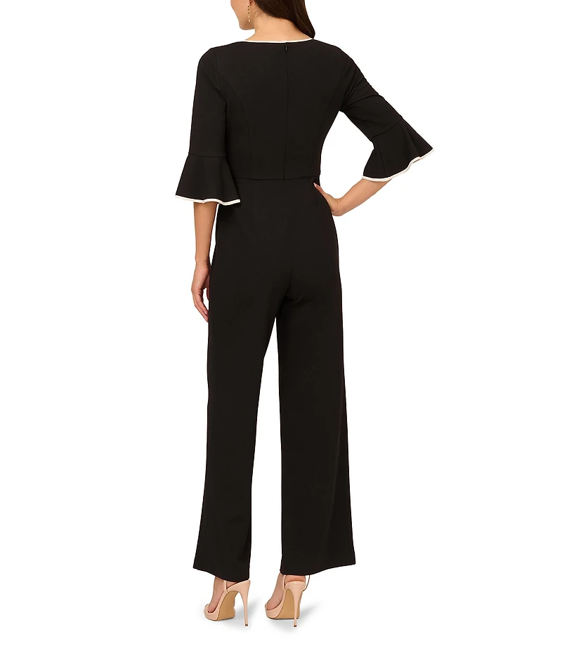 Adrianna Papell Crepe Contrast Piping 3/4 Ruffle Sleeve Square Neck Jumpsuit
