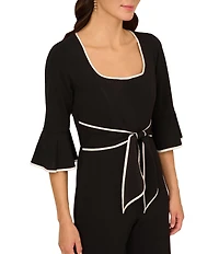 Adrianna Papell Crepe Contrast Piping 3/4 Ruffle Sleeve Square Neck Jumpsuit