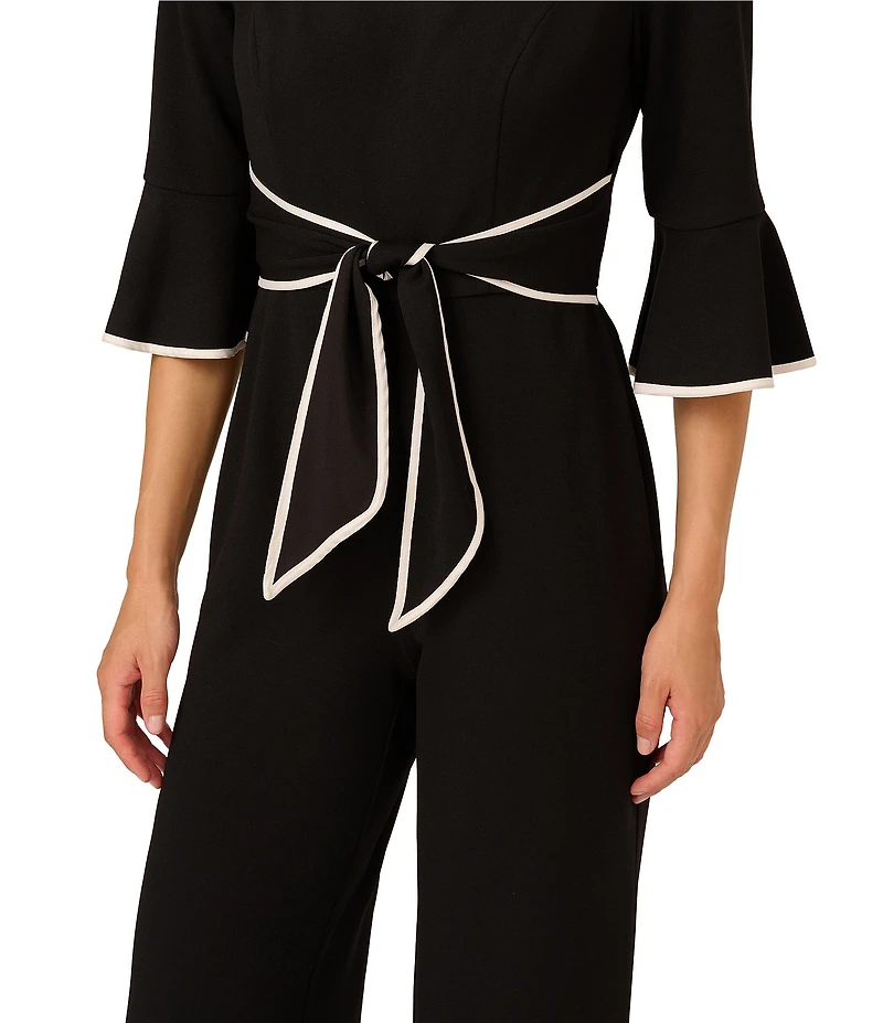 Adrianna Papell Crepe Contrast Piping 3/4 Ruffle Sleeve Square Neck Jumpsuit