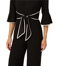 Adrianna Papell Crepe Contrast Piping 3/4 Ruffle Sleeve Square Neck Jumpsuit