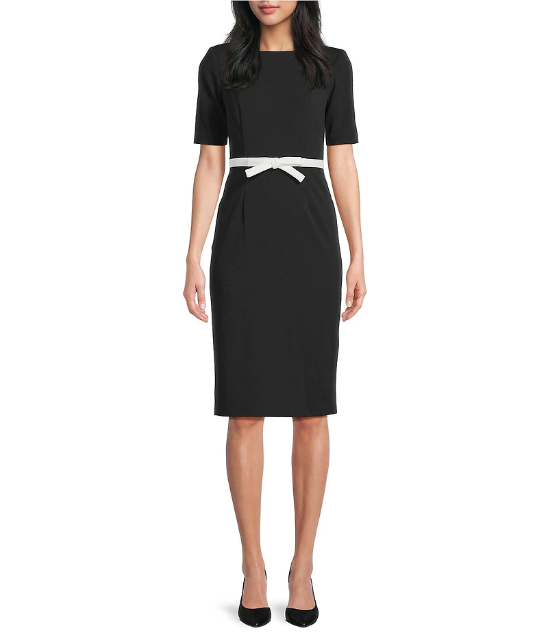 Adrianna Papell Crepe Crew Neck Elbow Length Sleeve Contrast Bow Waist Sheath Dress