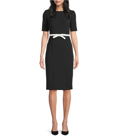 Adrianna Papell Crepe Crew Neck Elbow Length Sleeve Contrast Bow Waist Sheath Dress