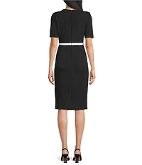 Adrianna Papell Crepe Crew Neck Elbow Length Sleeve Contrast Bow Waist Sheath Dress