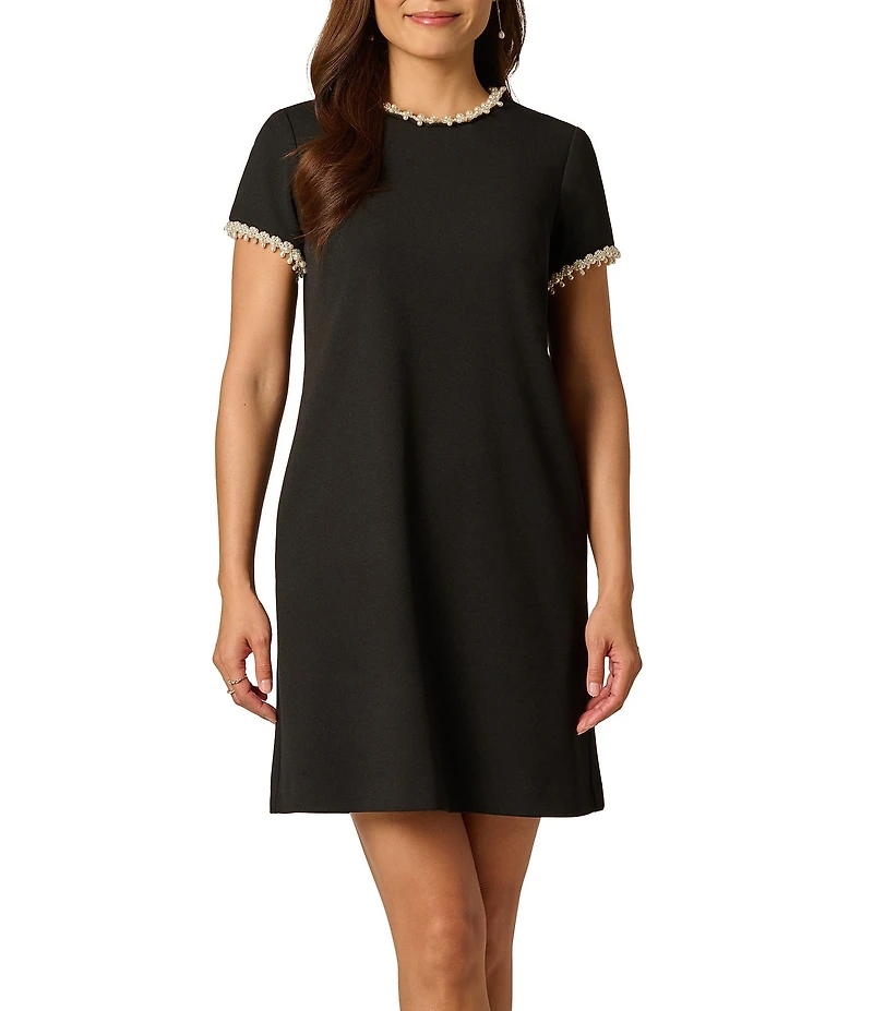 Adrianna Papell Crepe Crew Neck Pearl Short Sleeve Mini Dress