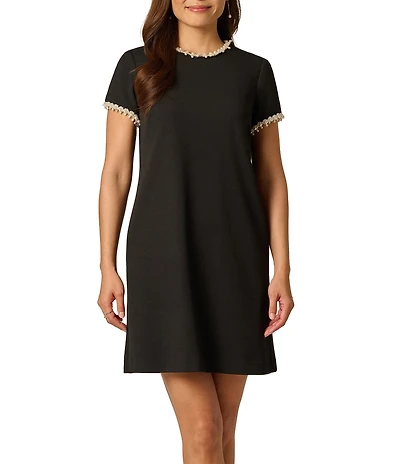 Adrianna Papell Crepe Crew Neck Pearl Short Sleeve Mini Dress