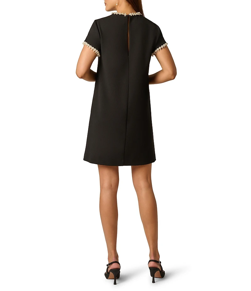 Adrianna Papell Crepe Crew Neck Pearl Short Sleeve Mini Dress