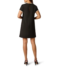 Adrianna Papell Crepe Crew Neck Pearl Short Sleeve Mini Dress