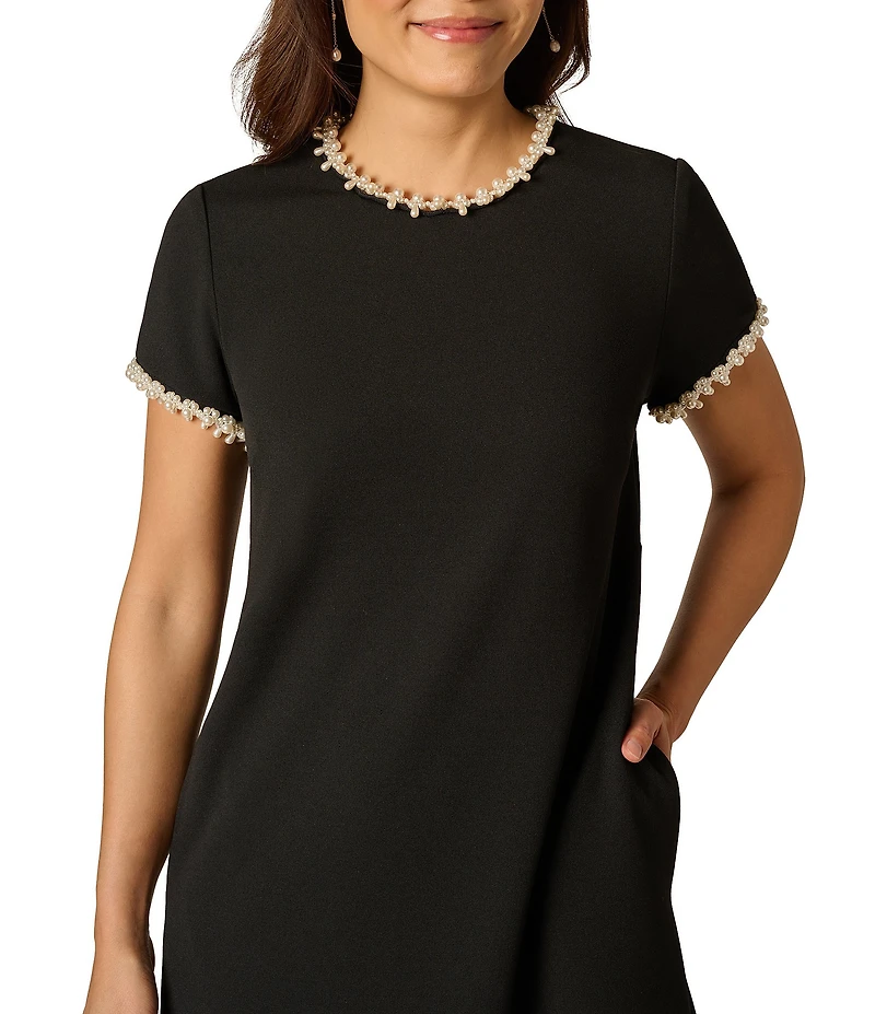 Adrianna Papell Crepe Crew Neck Pearl Short Sleeve Mini Dress