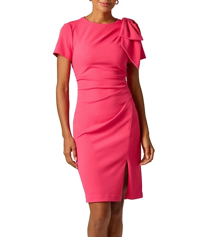Adrianna Papell Crepe Crew Neck Short Sleeve Bow Shoulder Ruched Sheath Knee Length Dress