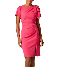 Adrianna Papell Crepe Crew Neck Short Sleeve Bow Shoulder Ruched Sheath Knee Length Dress