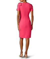Adrianna Papell Crepe Crew Neck Short Sleeve Bow Shoulder Ruched Sheath Knee Length Dress