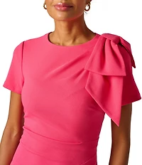 Adrianna Papell Crepe Crew Neck Short Sleeve Bow Shoulder Ruched Sheath Knee Length Dress