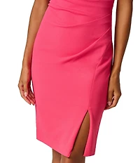 Adrianna Papell Crepe Crew Neck Short Sleeve Bow Shoulder Ruched Sheath Knee Length Dress