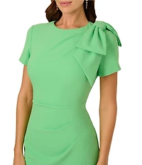 Adrianna Papell Crepe Crew Neck Short Sleeve Bow Shoulder Ruched Sheath Dress