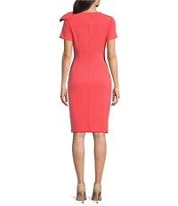 Adrianna Papell Crepe Crew Neck Short Sleeve Bow Shoulder Ruched Sheath Knee Length Dress