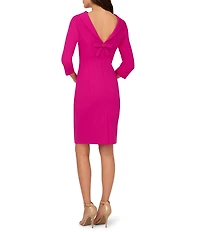 Adrianna Papell Crepe Drape Boat Neck 3/4 Sleeve Open V-Back Bow Dress
