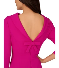Adrianna Papell Crepe Drape Boat Neck 3/4 Sleeve Open V-Back Bow Dress