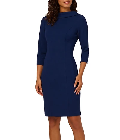 Adrianna Papell Crepe Drape Boat Neck 3/4 Sleeve Open V-Back Bow Dress