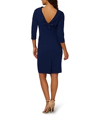 Adrianna Papell Crepe Drape Boat Neck 3/4 Sleeve Open V-Back Bow Dress